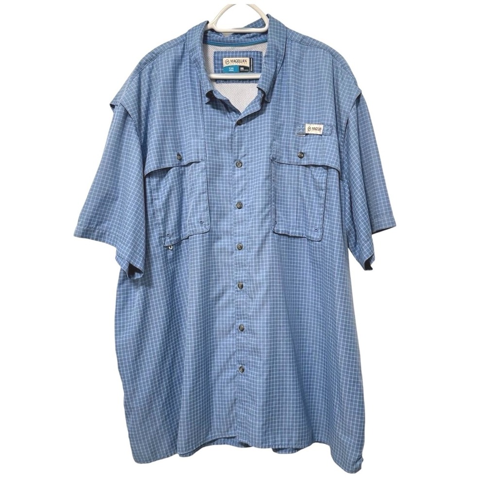 Magellan Outdoors Fish Gear Blue Plaid Fishing Shirt Mens 3XL Short Sleeve